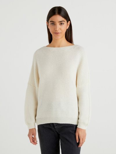 Women's Benetton Boxy Fit Wool Blend Crew Neck Sweaters Creamy White | NZ058377