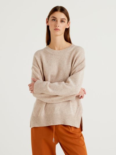 Women's Benetton Boxy Fit Wool Blend Crew Neck Sweaters Beige | NZ267154