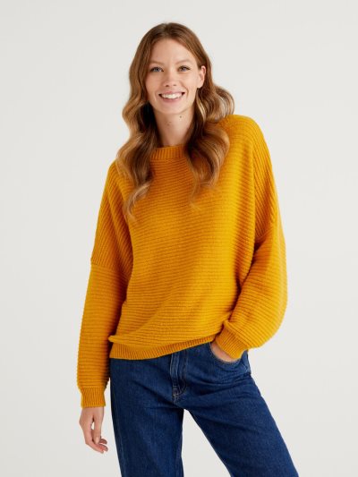 Women's Benetton Boxy Fit Wool Blend Crew Neck Sweaters Mustard | NZ693354