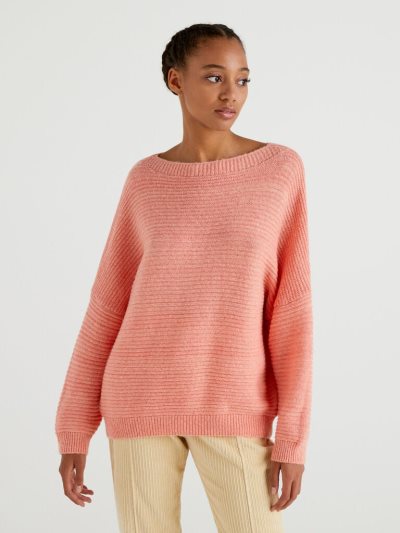 Women's Benetton Boxy Fit Wool Blend Crew Neck Sweaters Strawberry | NZ742516