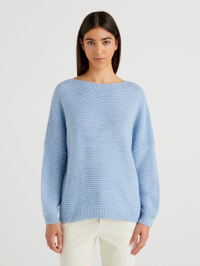Women's Benetton Boxy Fit Wool Blend Crew Neck Sweaters Light Blue | NZ937824