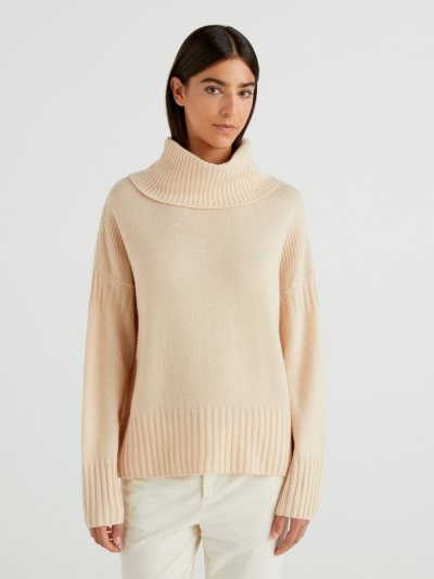 Women's Benetton Boxy Fit Wool Blend Turtleneck High Neck Sweaters Vanilla | NZ856918