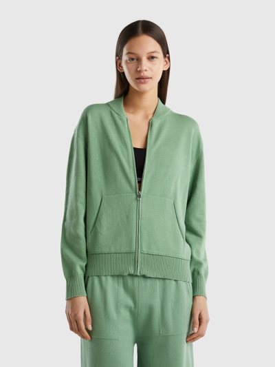 Women's Benetton Boxy Fit Zip Cardigan Green | NZ323988