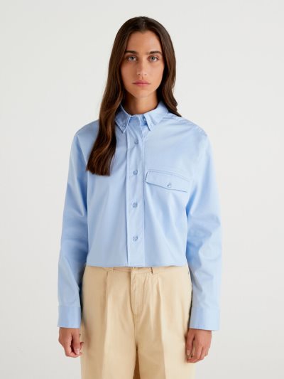 Women's Benetton Button Down Pocket Shirts Light Blue | NZ273845