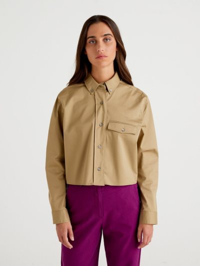 Women's Benetton Button Down Pocket Shirts Brown | NZ420424
