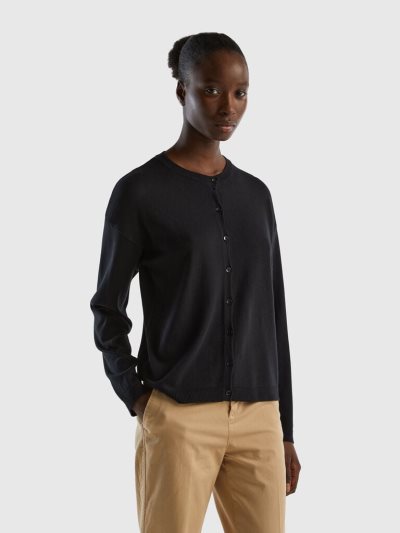 Women's Benetton Buttons Crew Neck Cardigan Black | NZ023967
