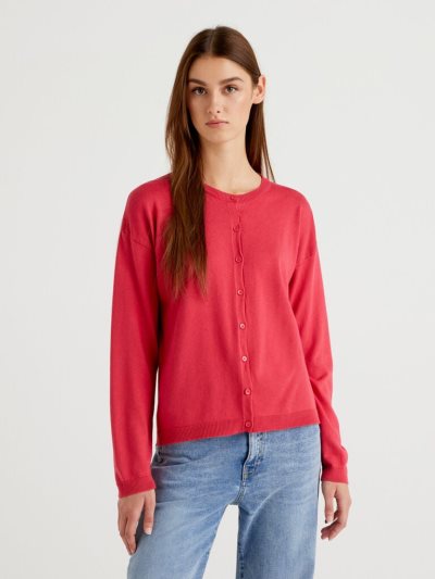 Women's Benetton Buttons Crew Neck Cardigan Cyclamen | NZ039535