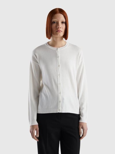 Women's Benetton Buttons Crew Neck Cardigan Creamy White | NZ155868