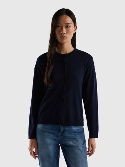 Women's Benetton Buttons Crew Neck Cardigan Dark Blue | NZ222868