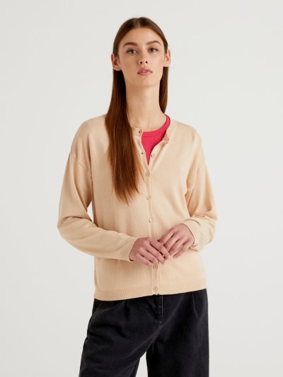 Women's Benetton Buttons Crew Neck Cardigan Beige | NZ243846