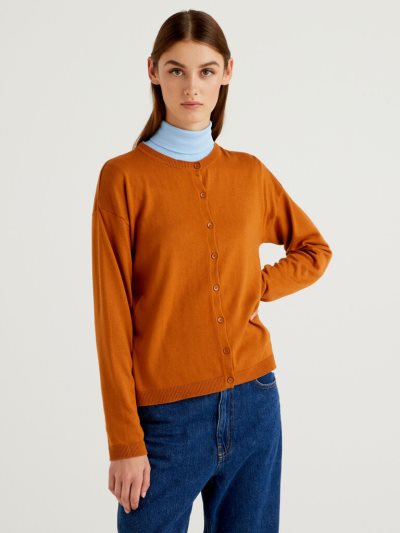 Women's Benetton Buttons Crew Neck Cardigan Burnt | NZ620077