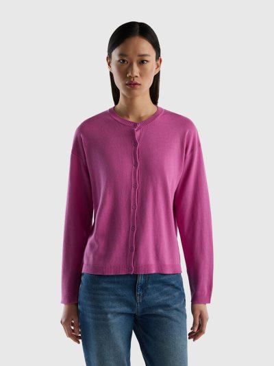 Women's Benetton Buttons Crew Neck Cardigan Pink | NZ780558