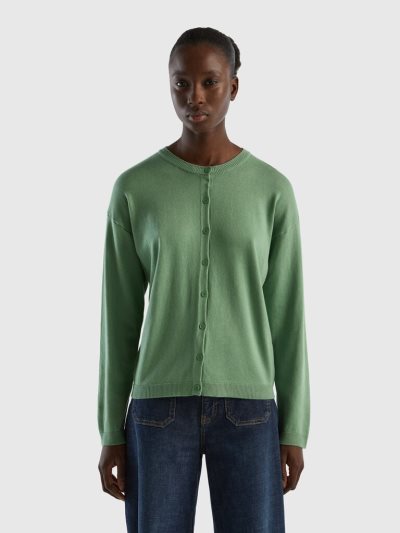 Women's Benetton Buttons Crew Neck Cardigan Green | NZ817176