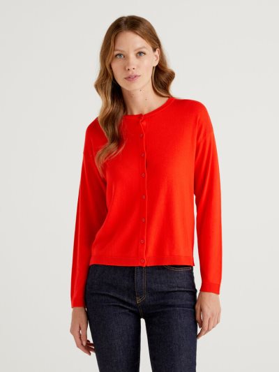 Women's Benetton Buttons Crew Neck Cardigan Red | NZ837836