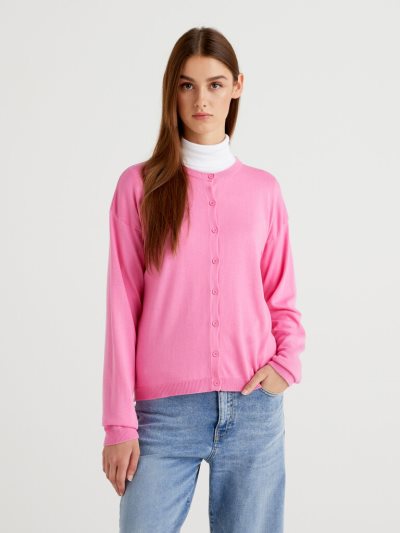 Women's Benetton Buttons Crew Neck Cardigan Pink | NZ952343