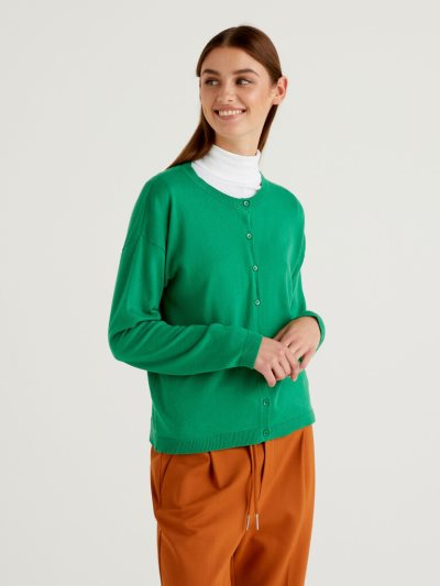 Women's Benetton Buttons Crew Neck Cardigan Green | NZ999723