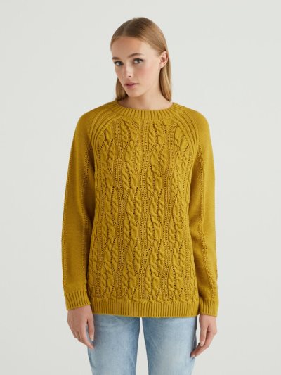 Women's Benetton Cable Knit And Perforations Crew Neck Sweaters Yellow | NZ770395