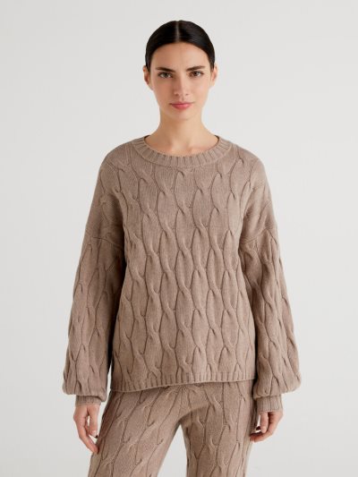 Women's Benetton Cable Knit Cashmere Blend Sweaters Dove Grey | NZ449723