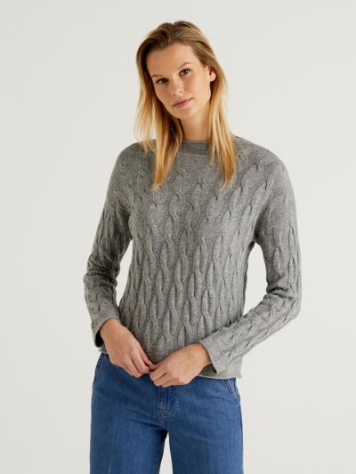 Women's Benetton Cable Knit High Neck Sweaters Light Grey | NZ075171