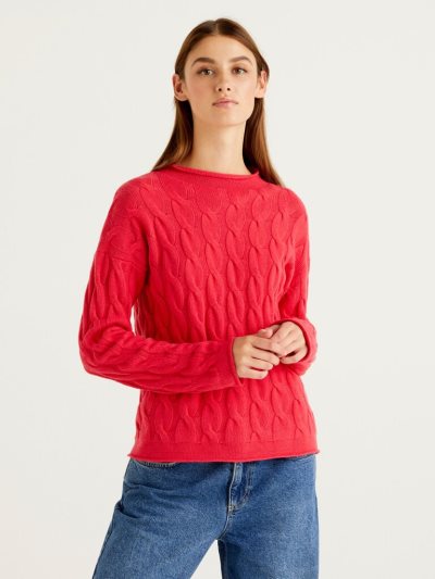 Women's Benetton Cable Knit High Neck Sweaters Fuchsia | NZ333570