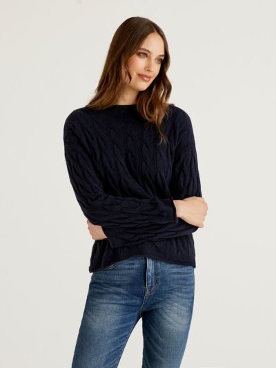 Women's Benetton Cable Knit High Neck Sweaters Dark Blue | NZ507332
