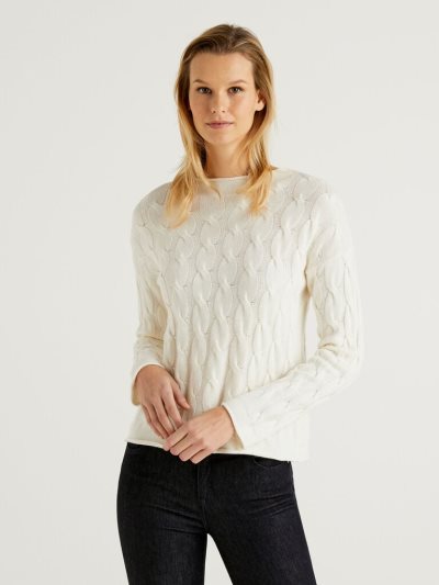 Women's Benetton Cable Knit High Neck Sweaters Creamy White | NZ510084