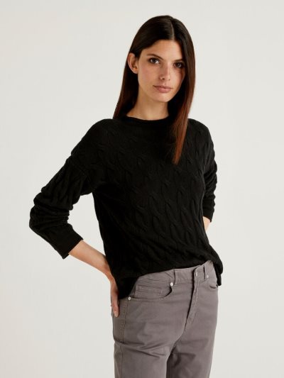 Women's Benetton Cable Knit High Neck Sweaters Black | NZ785170
