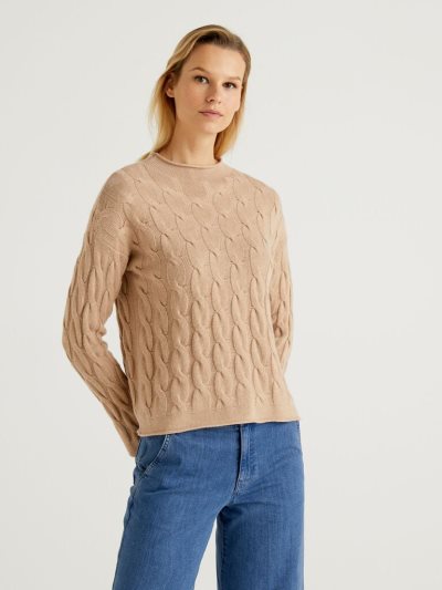 Women's Benetton Cable Knit High Neck Sweaters Camel | NZ979981