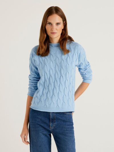 Women's Benetton Cable Knit High Neck Sweaters Light Blue | NZ984066