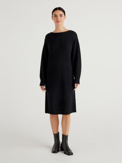 Women's Benetton Cable Knit Midi Dress Black | NZ153236