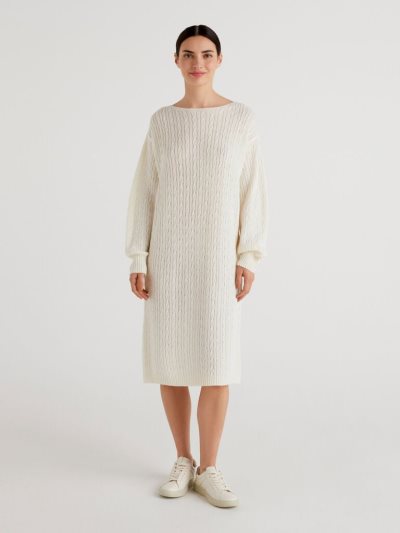 Women's Benetton Cable Knit Midi Dress Creamy White | NZ221546