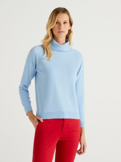 Women's Benetton Cashmere And Wool Blend Turtleneck High Neck Sweaters Light Blue | NZ598218