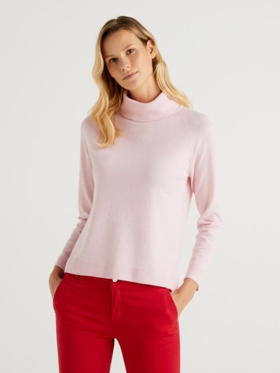Women's Benetton Cashmere And Wool Blend Turtleneck High Neck Sweaters Pink | NZ831184