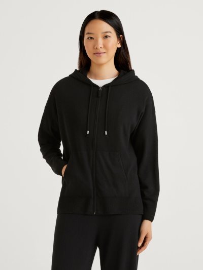 Women's Benetton Cashmere Blend Hood Cardigan Black | NZ149563