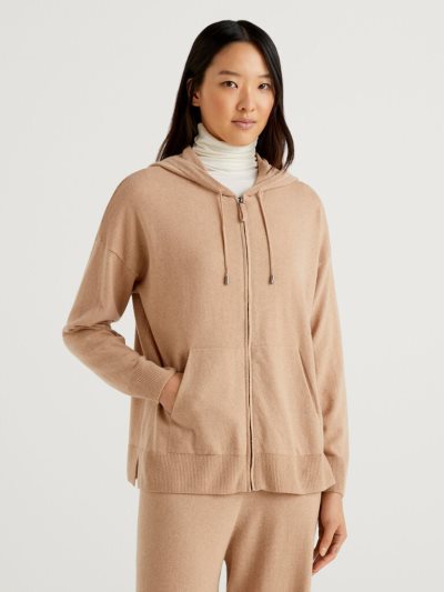 Women's Benetton Cashmere Blend Hood Cardigan Camel | NZ555047