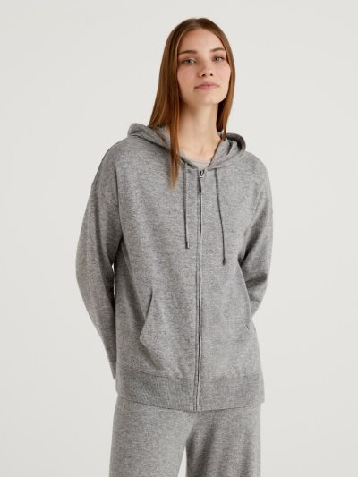 Women's Benetton Cashmere Blend Hood Cardigan Grey | NZ744550
