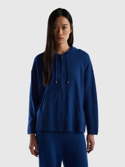 Women's Benetton Cashmere Blend Hood Crew Neck Sweaters Dark Blue | NZ272296