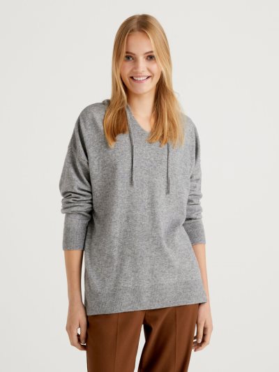 Women's Benetton Cashmere Blend Hood V-neck Sweaters Light Grey | NZ127849