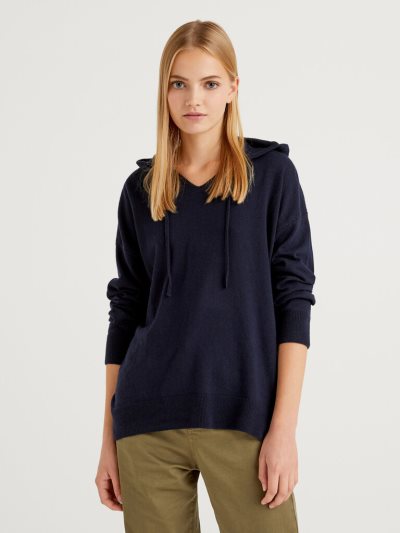 Women's Benetton Cashmere Blend Hood V-neck Sweaters Dark Blue | NZ913994