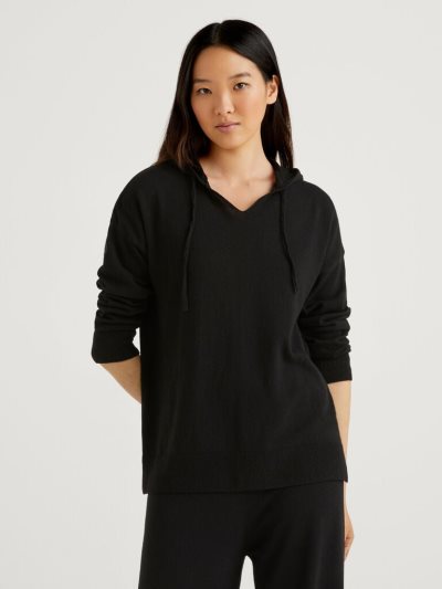 Women's Benetton Cashmere Blend Hood V-neck Sweaters Black | NZ934866