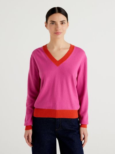Women's Benetton Cashmere Blend V-neck Sweaters Neon Pink | NZ135247