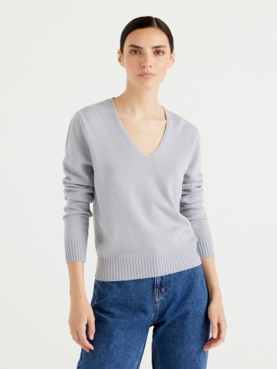 Women's Benetton Cashmere Blend V-neck Sweaters Light Grey | NZ739808