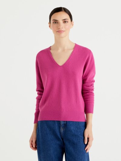 Women's Benetton Cashmere Blend V-neck Sweaters Cyclamen | NZ831279