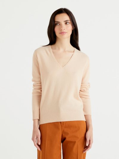 Women's Benetton Cashmere Blend V-neck Sweaters Beige | NZ842720
