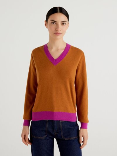 Women's Benetton Cashmere Blend V-neck Sweaters Orange | NZ849247