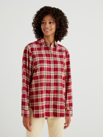 Women's Benetton Check Flannel Shirts Burgundy | NZ037347