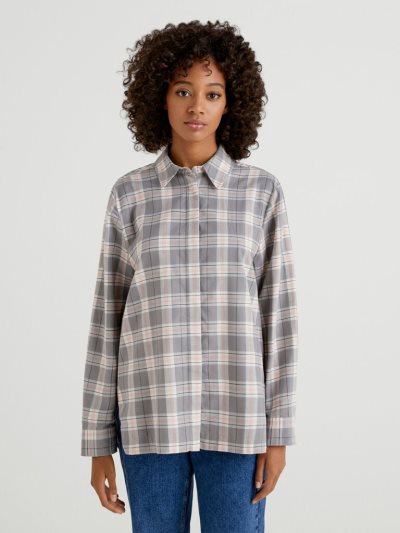 Women's Benetton Check Flannel Shirts Grey | NZ508745
