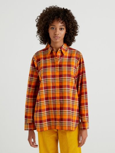 Women's Benetton Check Flannel Shirts Orange | NZ495176