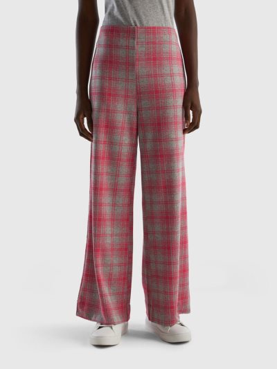 Women's Benetton Check Palazzo Trousers Light Grey | NZ314143