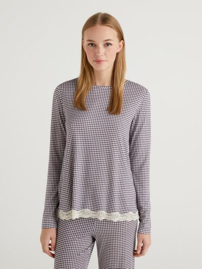 Women's Benetton Check Sustainable Viscose T Shirts Violet | NZ715012
